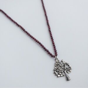 Vintage Sterling Silver Beaded Garnet Necklace with Tree Of Life Pendant Charm